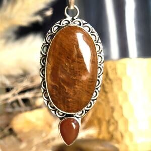 Earthy Sterling Silver Petrified Wood Pendant with Carnelian Drop